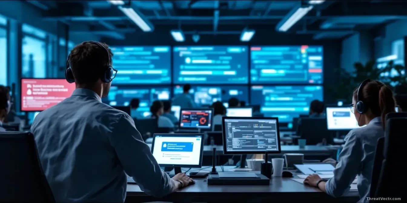 A healthcare operations center with support staff at workstations, with security alert notifications appearing on multiple screens indicating unauthorized acces
