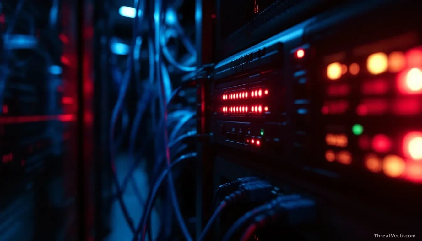 Photoreal editorial shot of a dimly lit server room with a rack-mounted enterprise firewall appliance glowing red on its status LEDs, blue network cables tangle