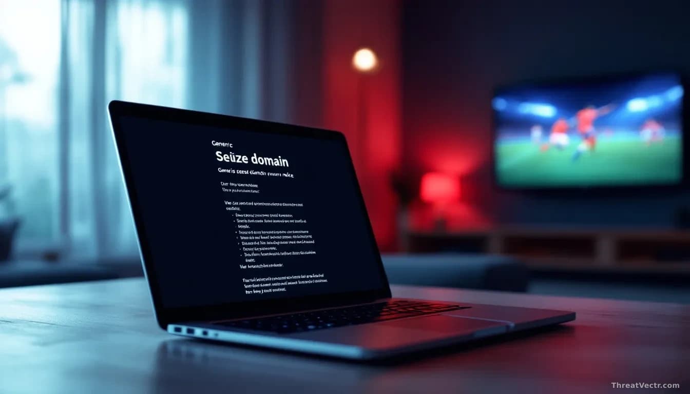 Full-frame photoreal editorial image of a darkened laptop screen displaying a generic seized-domain notice in a modern living room, glow of a football match on 