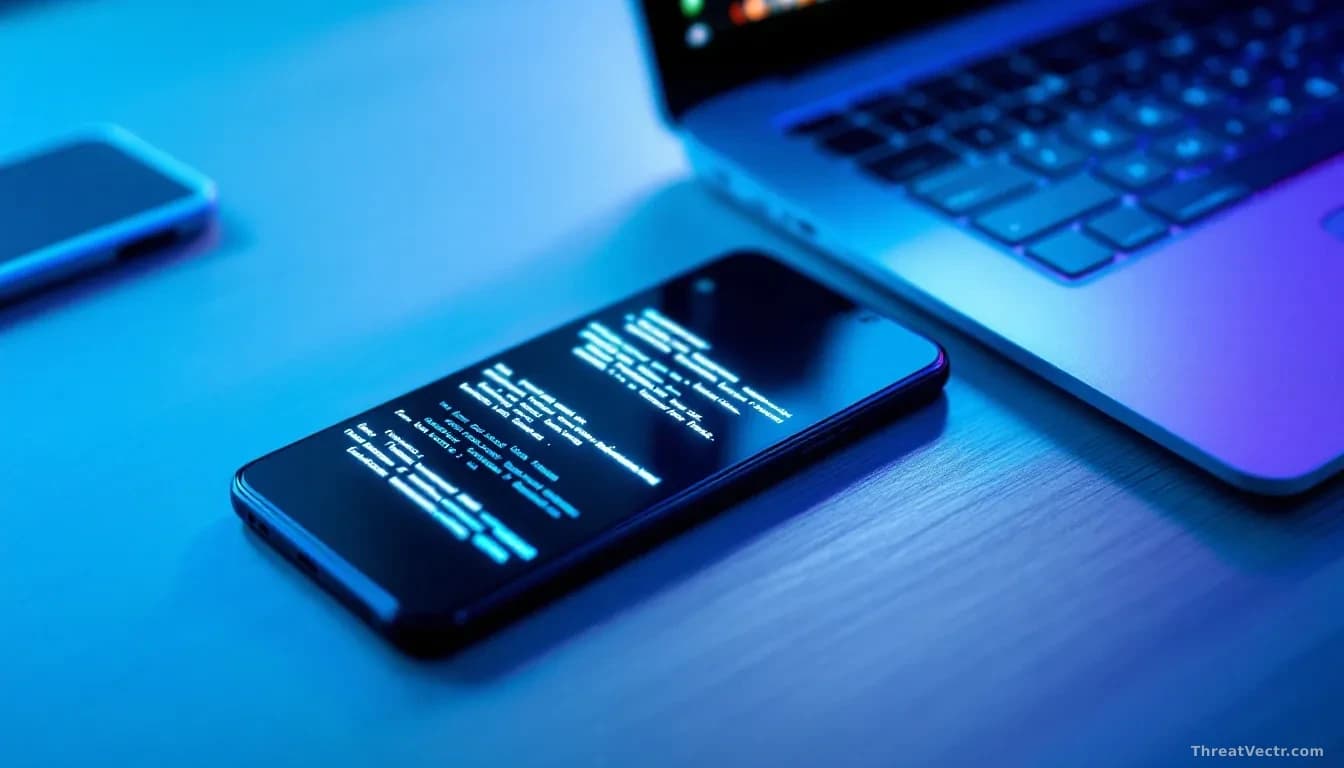 Full-frame overhead shot of a modern Android smartphone lying on a matte desk, screen glowing with faint white-on-white text patterns barely visible, next to a 