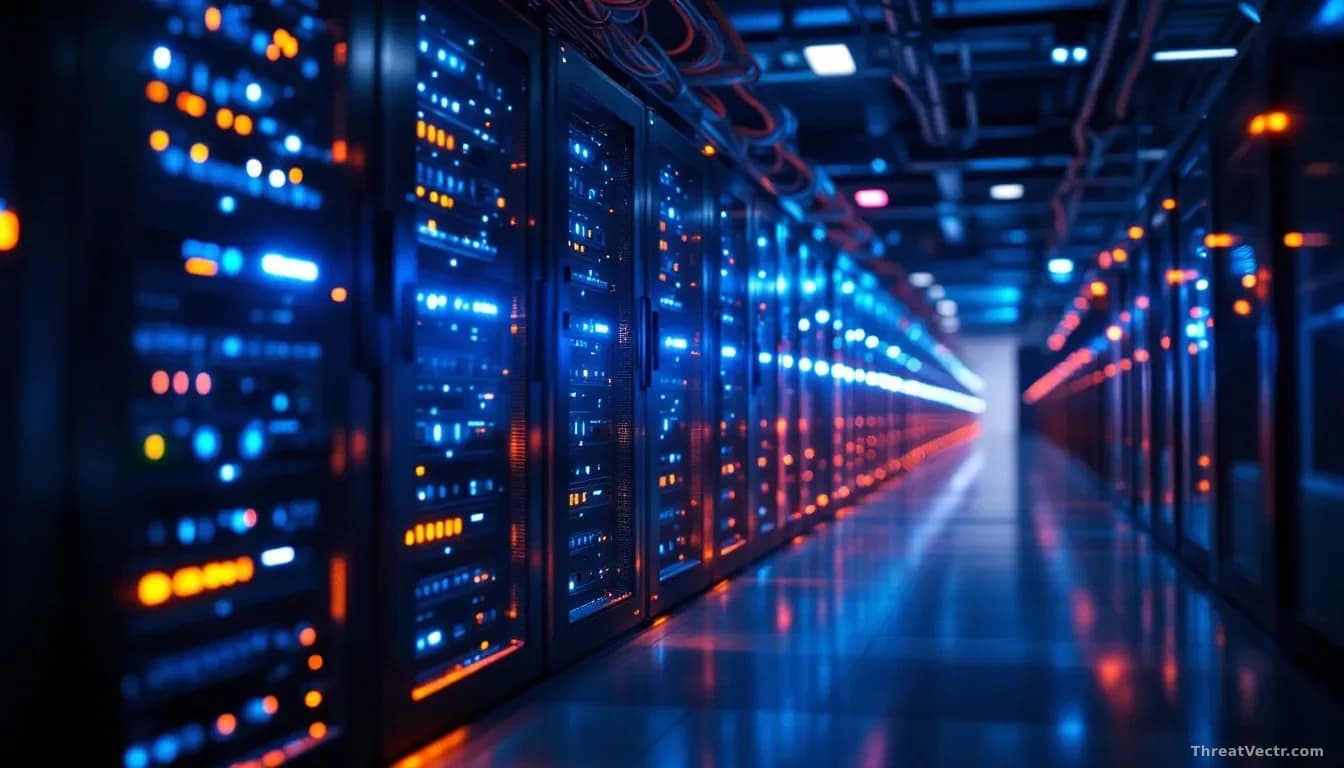 Full-frame photoreal editorial shot of a modern data centre hall at night, rows of server racks glowing with faint blue and amber LEDs, thick power cables snaki