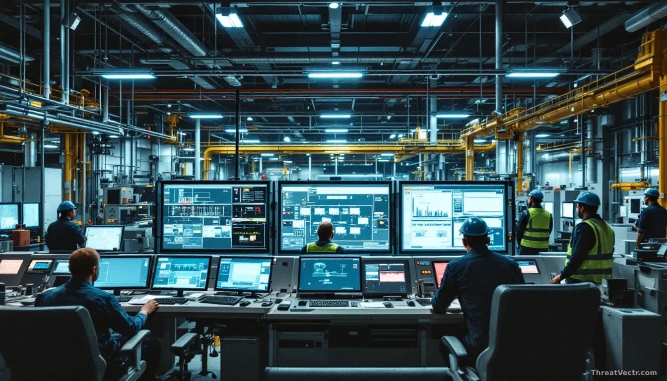 An industrial facility's critical infrastructure control room with operators managing power grids and manufacturing systems, with security team members visible 