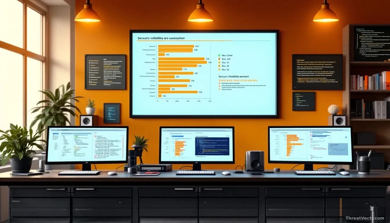 A software engineering lab with multiple workstations showing different coding projects, each with a security vulnerability assessment panel displaying varying 