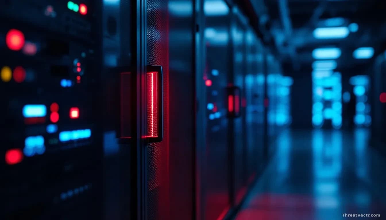 A photoreal editorial image of a server room corridor at night, one rack door slightly ajar with a soft red warning light spilling out, blue status LEDs on netw