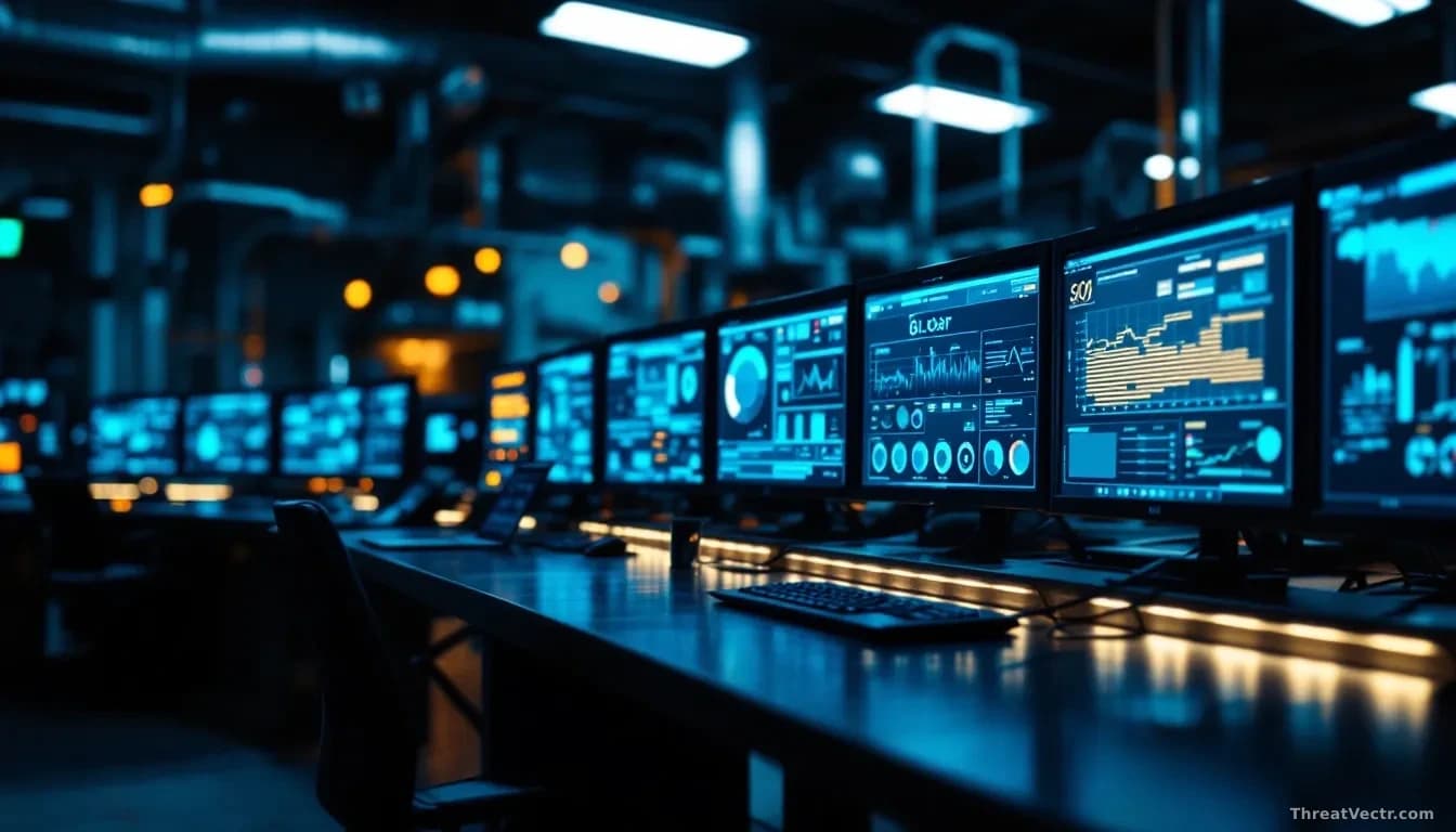 Photoreal editorial photograph of a dimly lit industrial control room in a water treatment facility, rows of monitors showing SCADA dashboards, a single unatten