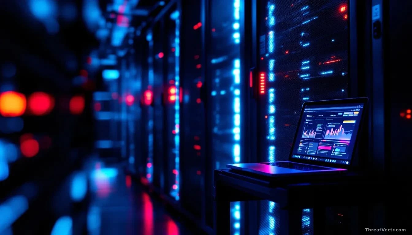 Full-frame edge-to-edge photoreal editorial image of a dimly lit server room with a single rack bathed in blue and red light, a laptop open on a nearby cart sho
