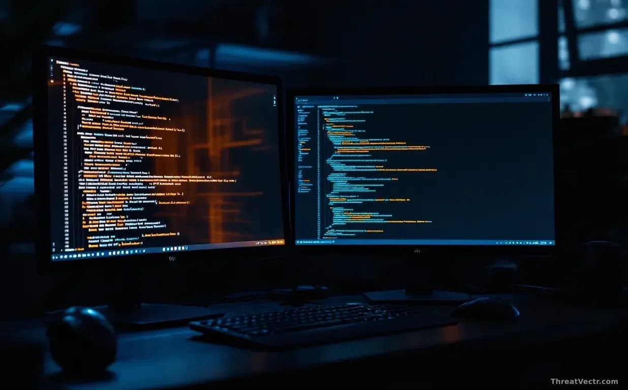 Full-frame photoreal editorial image of a darkened developer workstation with two glowing monitors, one showing abstract code and the other showing a plain web 