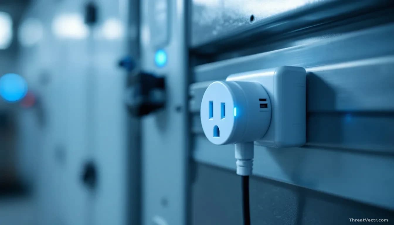 Full-frame close-up photograph of an industrial smart plug device mounted on a metal DIN rail inside a factory electrical cabinet, cool blue LED status light gl