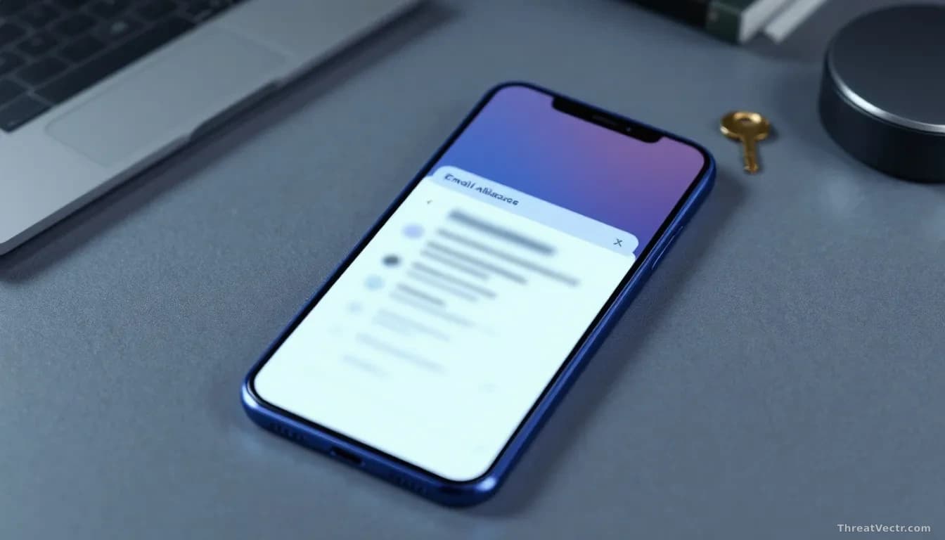 Photoreal editorial shot of a modern smartphone screen showing a generic mail app inbox with a blurred alias-style email address at the top, sitting on a matte 