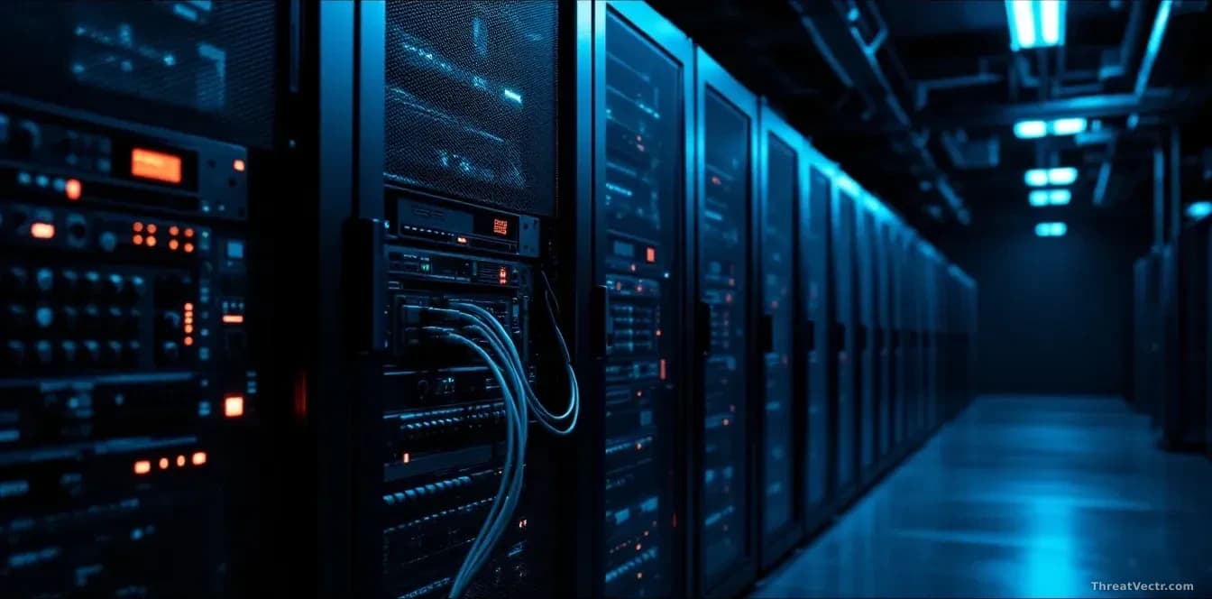 Full-frame photoreal news-editorial image of a darkened server room with rows of rack servers, red status lights dimmed, one rack cabinet unplugged with cables 