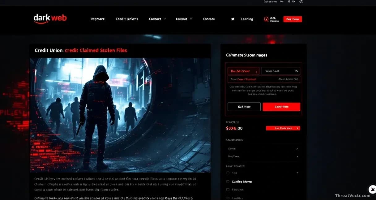 A dark web marketplace listing page displaying a credit union's name and claimed stolen files announcement, with criminal group branding and data package detail