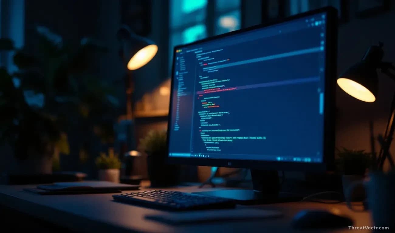 Full frame photoreal editorial image of a dimly lit developer workstation at night, screen showing an abstract package manager interface with one line highlight