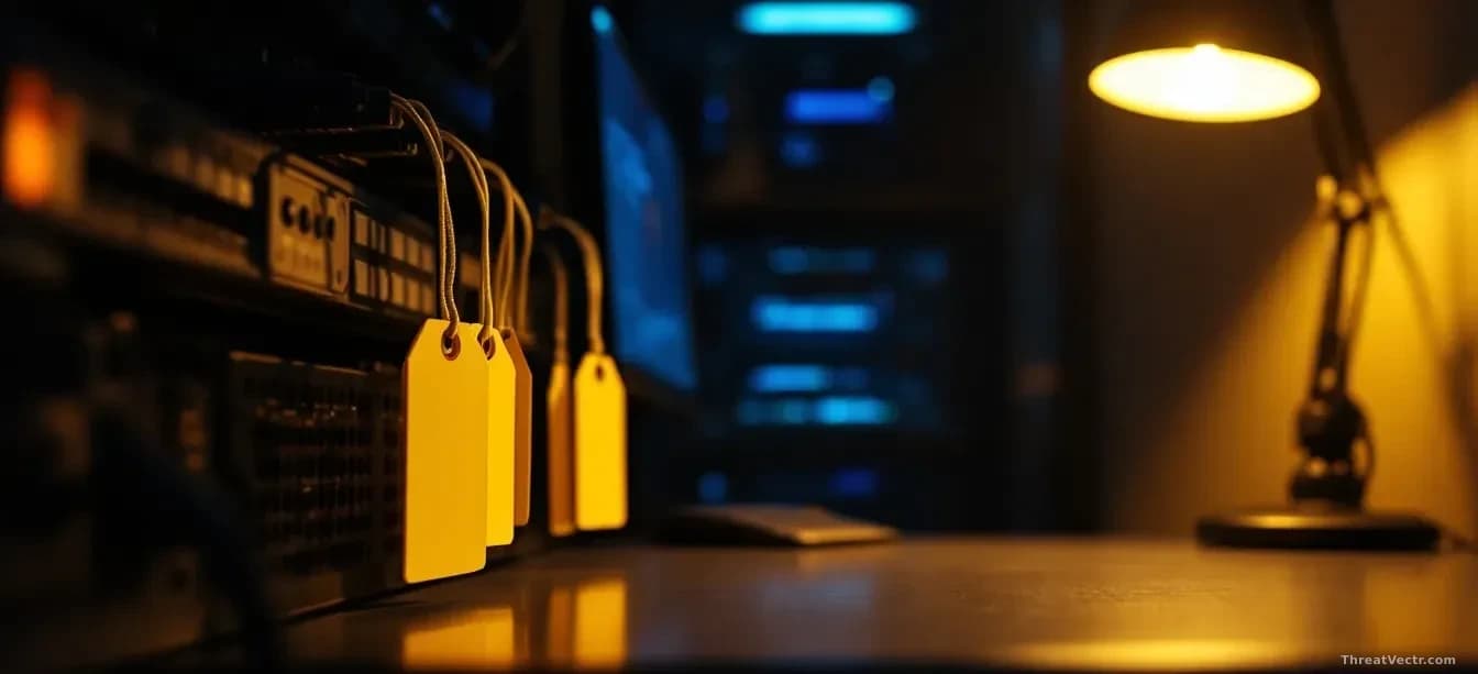 Full-frame photoreal editorial image of a dimly lit European police evidence room, a plain server rack with cables unplugged and yellow evidence tags dangling f