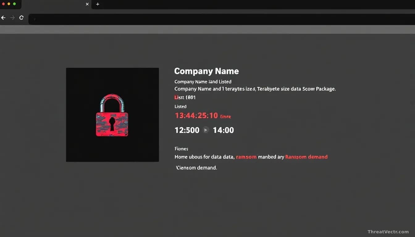 A dark web marketplace interface displaying a listed company name and terabyte-sized data package with a countdown timer and ransom demand message in the listin