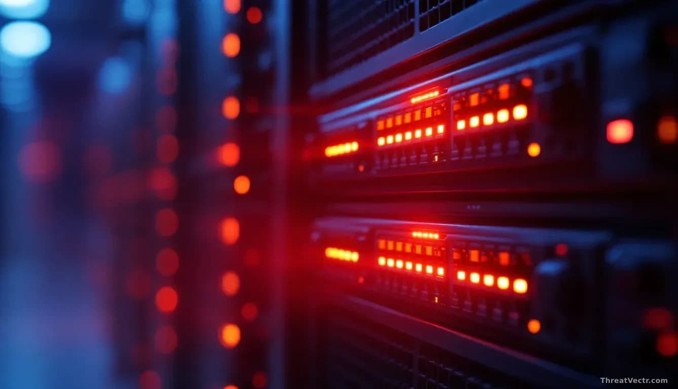 Full-frame edge-to-edge photoreal editorial image of a dimly lit server rack in a data centre, with amber warning lights glowing on network switches, a soft red