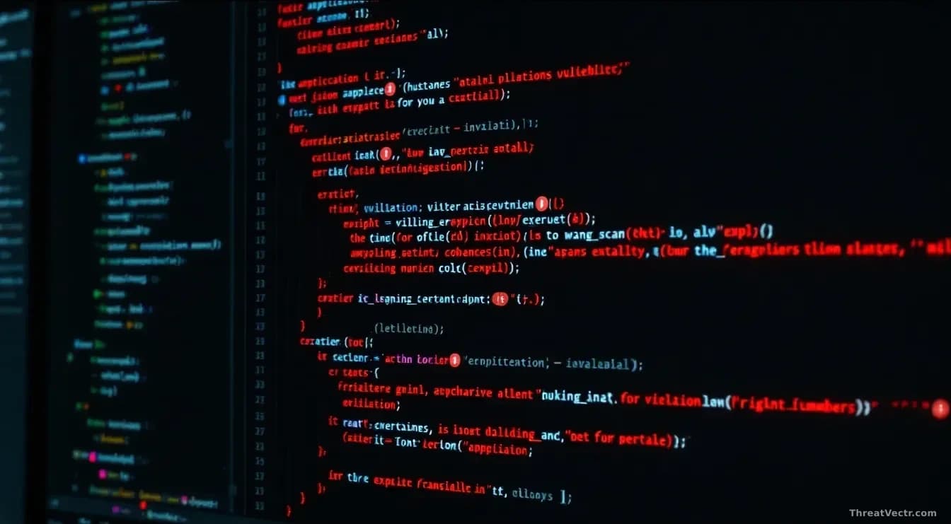 A code editor window displaying application source code with multiple red vulnerability highlights, security scan results, and exploit markers annotated through