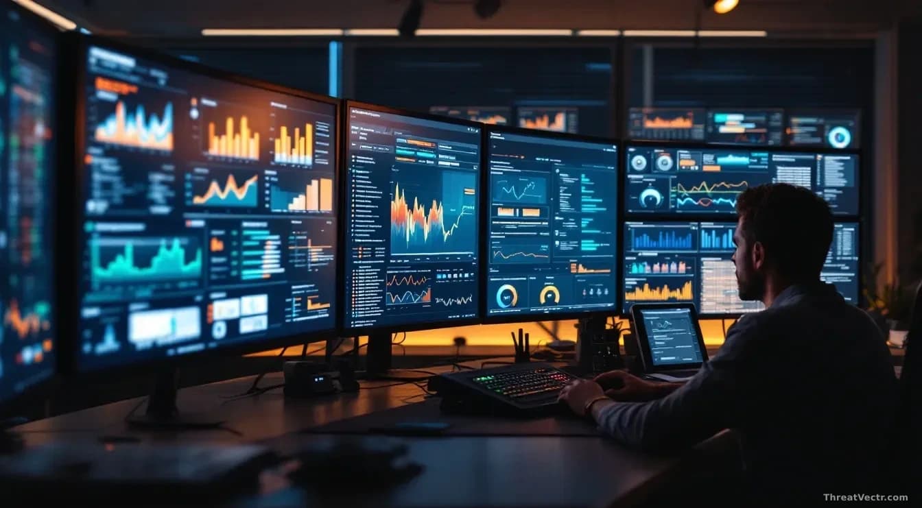 A network operations center with multiple monitoring screens displaying real-time application performance metrics, user interaction dashboards, and system healt