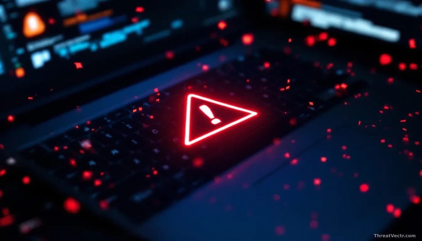 Close-up of a laptop keyboard with a glowing red warning symbol projected across the keys and screen, surrounded by scattered digital fragments and notification