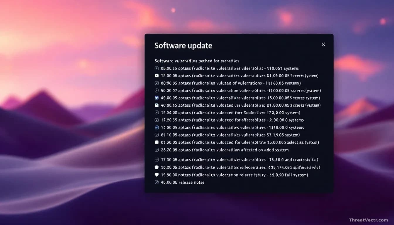 A software update notification panel showing an extensive list of hundreds of vulnerabilities being patched simultaneously, with severity scores and affected sy