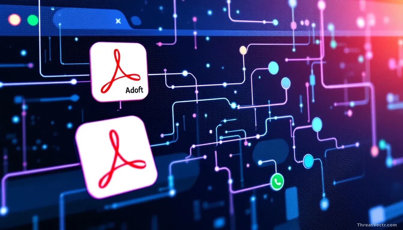 A digital illustration showing a web browser with Adobe Acrobat and WhatsApp icons, symbolizing interconnected data flow