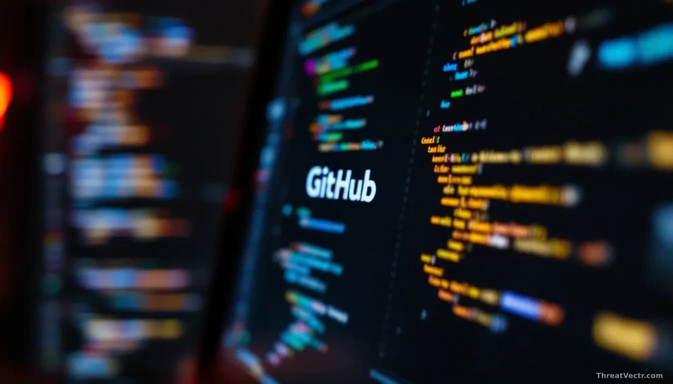 A close-up of a laptop screen displaying GitHub's website, with code in the background, emphasizing a focus on software development