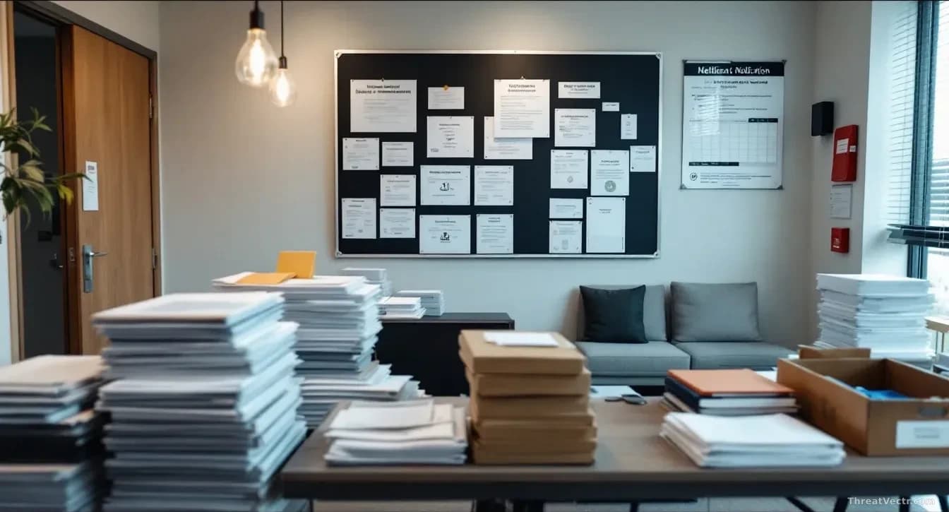 A medical clinic reception area with notification letters and patient communications being sorted and prepared, calendars showing the timeline between initial b