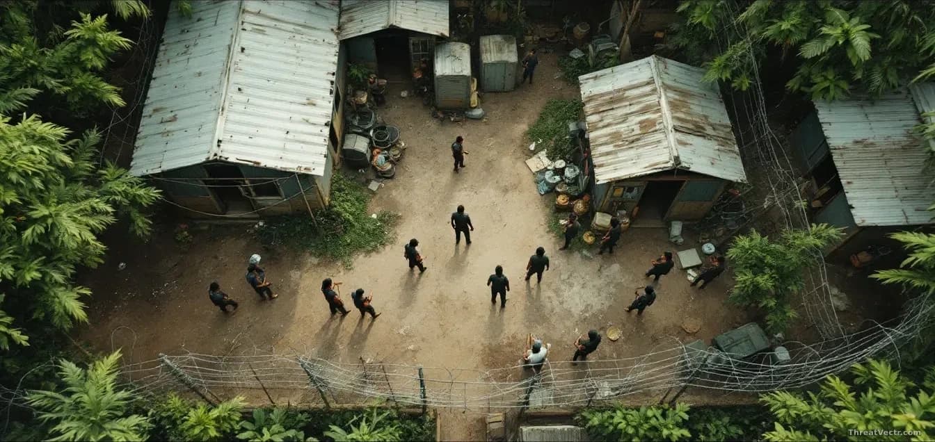 Illustration: a jungle compound surrounded by razor wire fencing, corrugated metal structures, and armed personnel