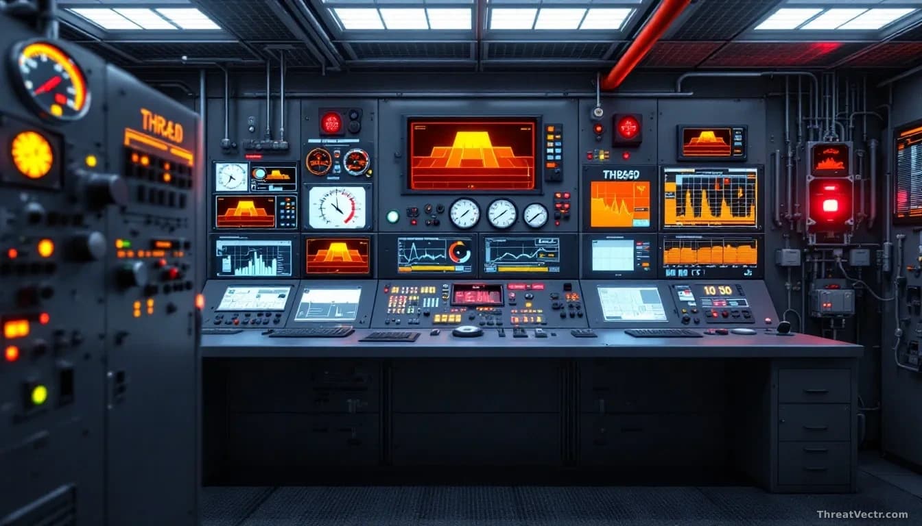 An industrial control room showing programmable logic controller interfaces, gauges, and critical infrastructure monitoring systems, with digital threat indicat