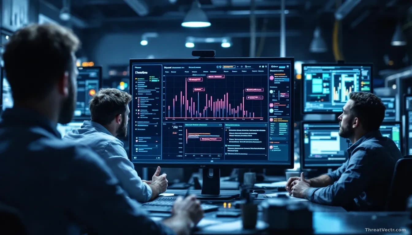A busy IT operations center with security team members reviewing patch notes and discussing timelines on whiteboards and dashboards, with tension visible as cal