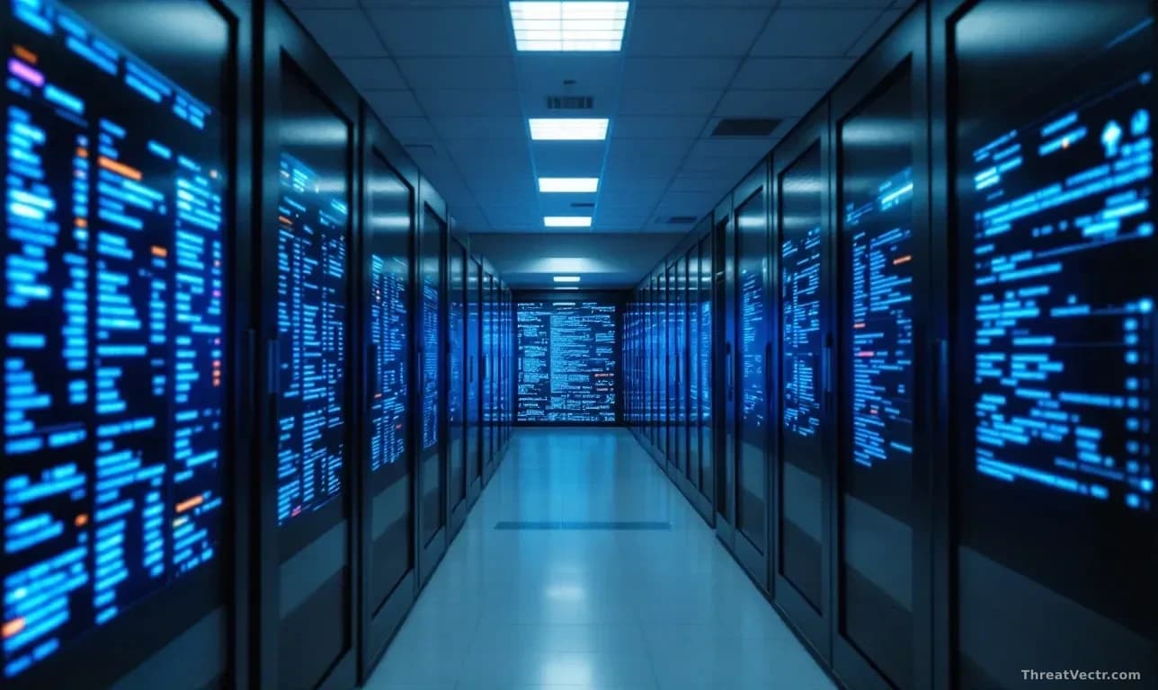 A hospital or corporate database room with servers displaying exposed personal information spreading across multiple screens, showing names, contact details, an