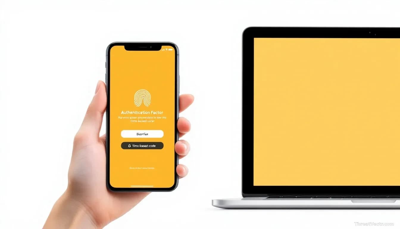 A smartphone and laptop side-by-side both displaying different authentication factor prompts—one showing a biometric scan and the other showing a time-based cod