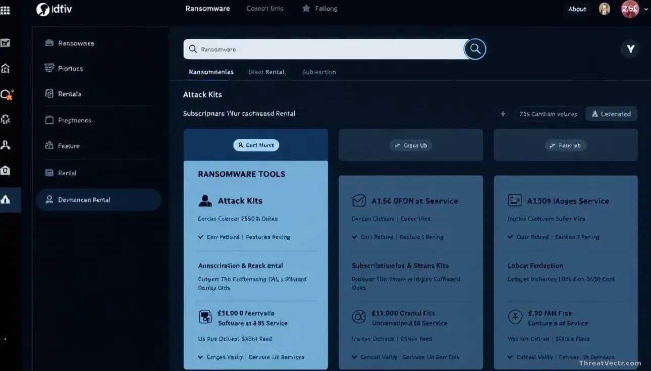 A digital marketplace interface showing ransomware tools and attack kits available for subscription-based rental, displayed like a software-as-a-service storefr