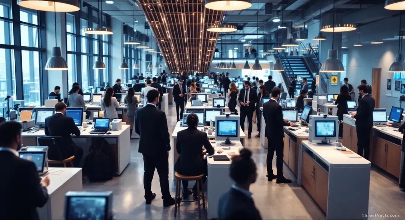 An office security checkpoint where every person and device is being individually verified and scanned, with security personnel checking credentials at multiple