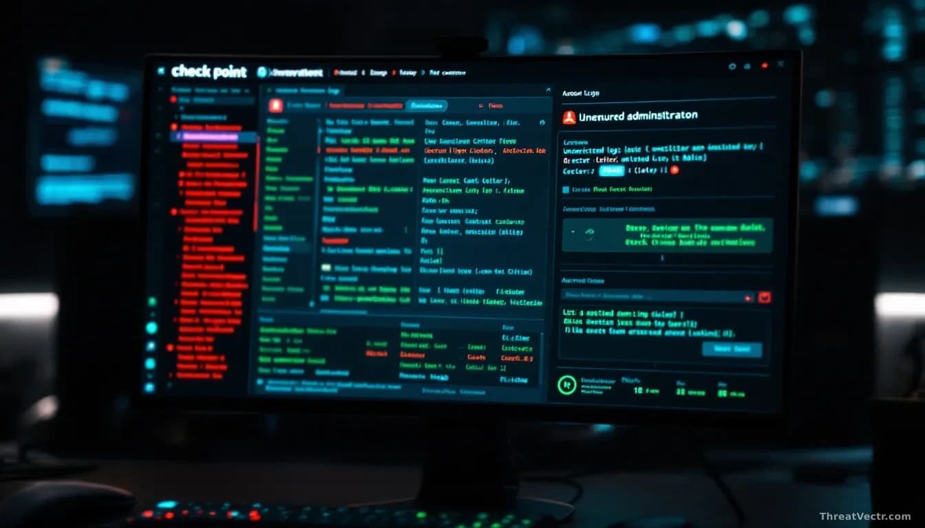 A Check Point network management console showing unauthorized administrator login activity, security logs displaying unrestricted access granted without credent