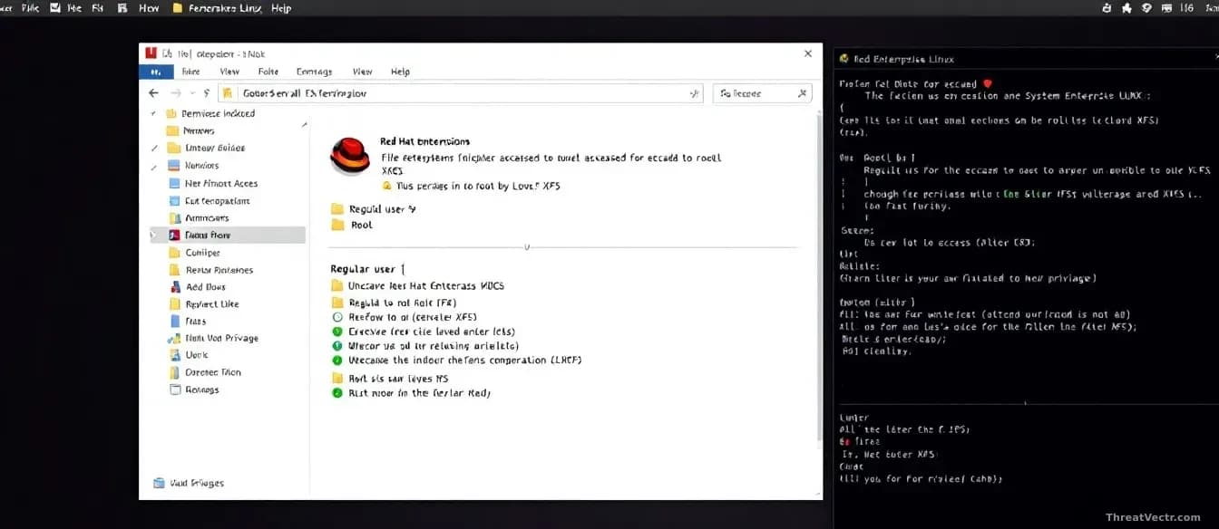 A Red Hat Enterprise Linux desktop with file system permission indicators showing a regular user escalating to root-level access through a nine-year-old XFS vul