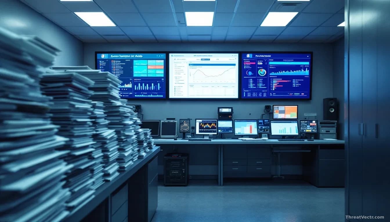 A federal building's security operations center transitioning from stacked paper audit reports in filing cabinets to a live digital dashboard with real-time con