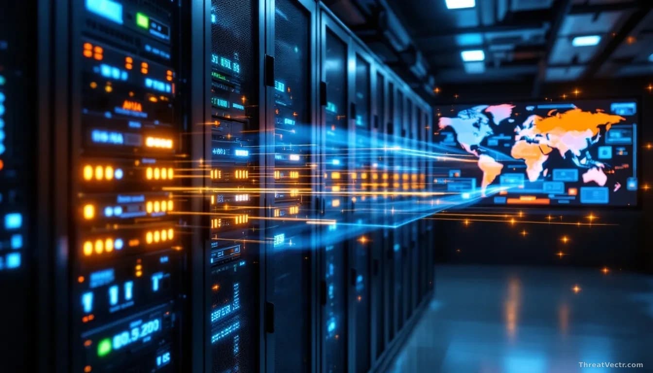 A server room with rows of cloud infrastructure equipment, one unit's indicator lights glowing with exposed data streaming outward, maps of Asia and Latin Ameri
