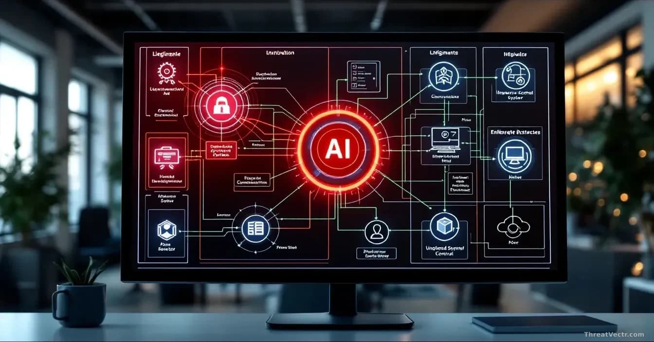 A corporate office network diagram on a monitor showing an AI node embedded invisibly among legitimate system processes, with green connection lines indicating 