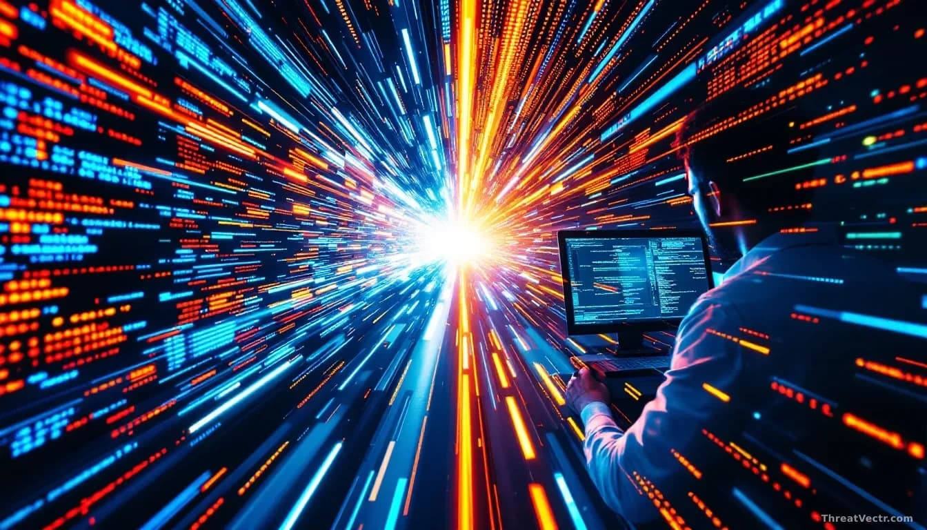 A race between two paths visualized through a split-screen view: one side shows a rapid cascade of code being deployed to a server, the other shows an IT team r