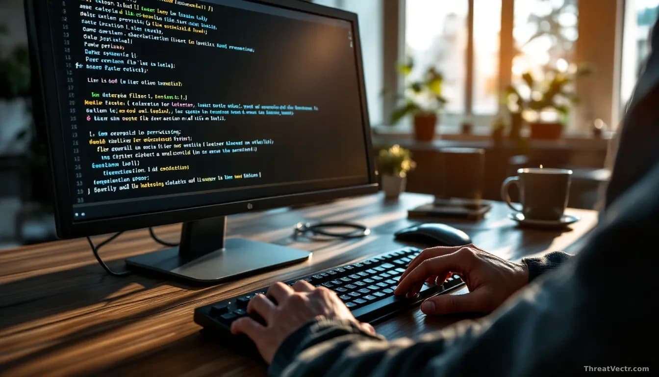 A system administrator's hands hovering over a keyboard at an empty desk, with a computer monitor displaying a terminal window showing file system logs and perm