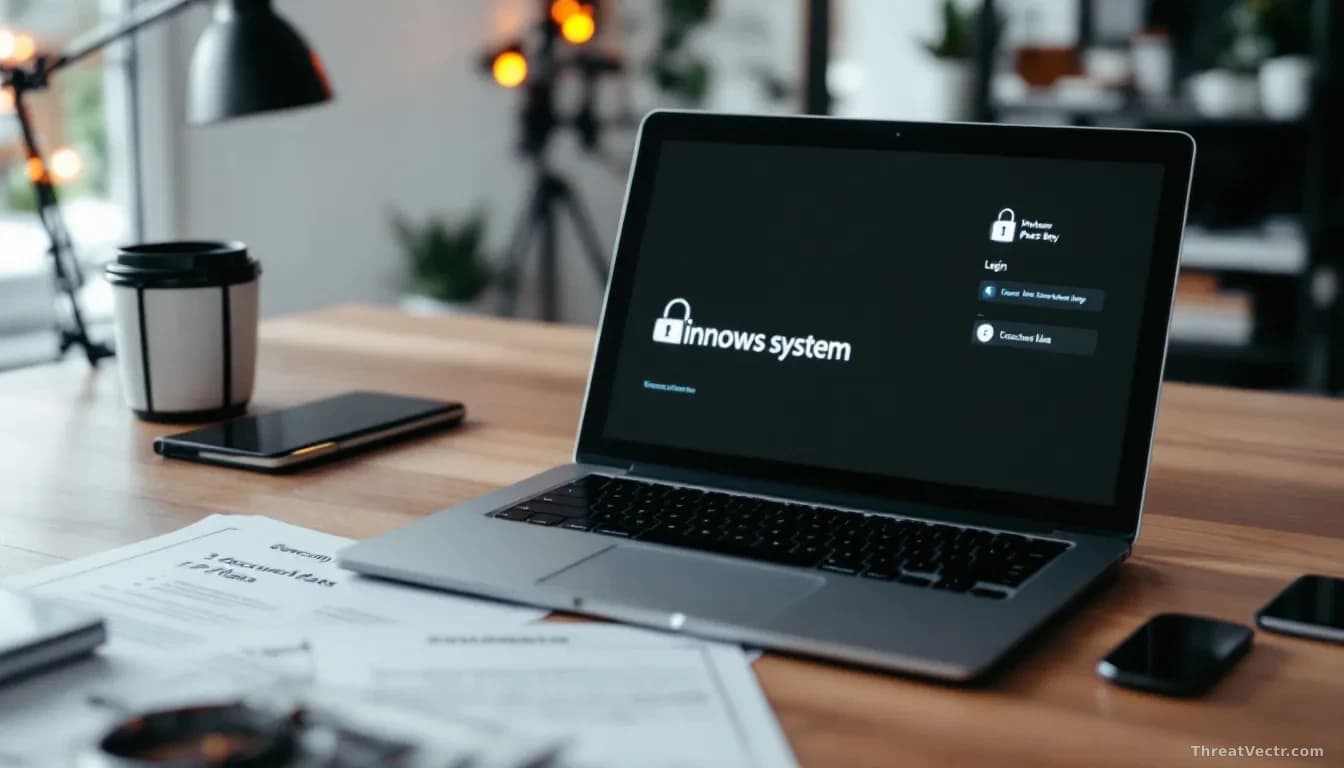 Windows 11 login screen displaying the new passkey system interface, with security research documents showing three discovered flaws spread across a desk beside