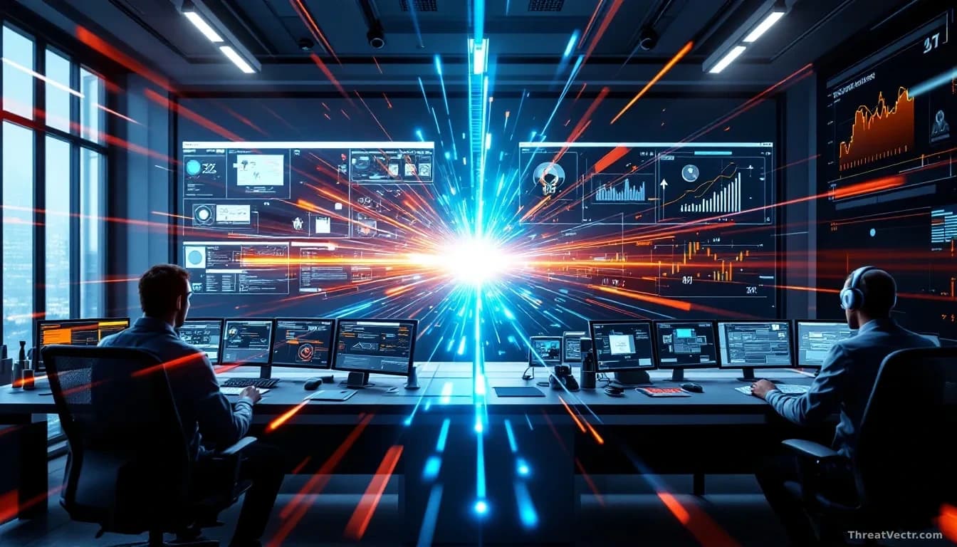 A split security operations center view showing AI-powered attack automation on the left side launching at light speed, countered by defensive AI systems respon