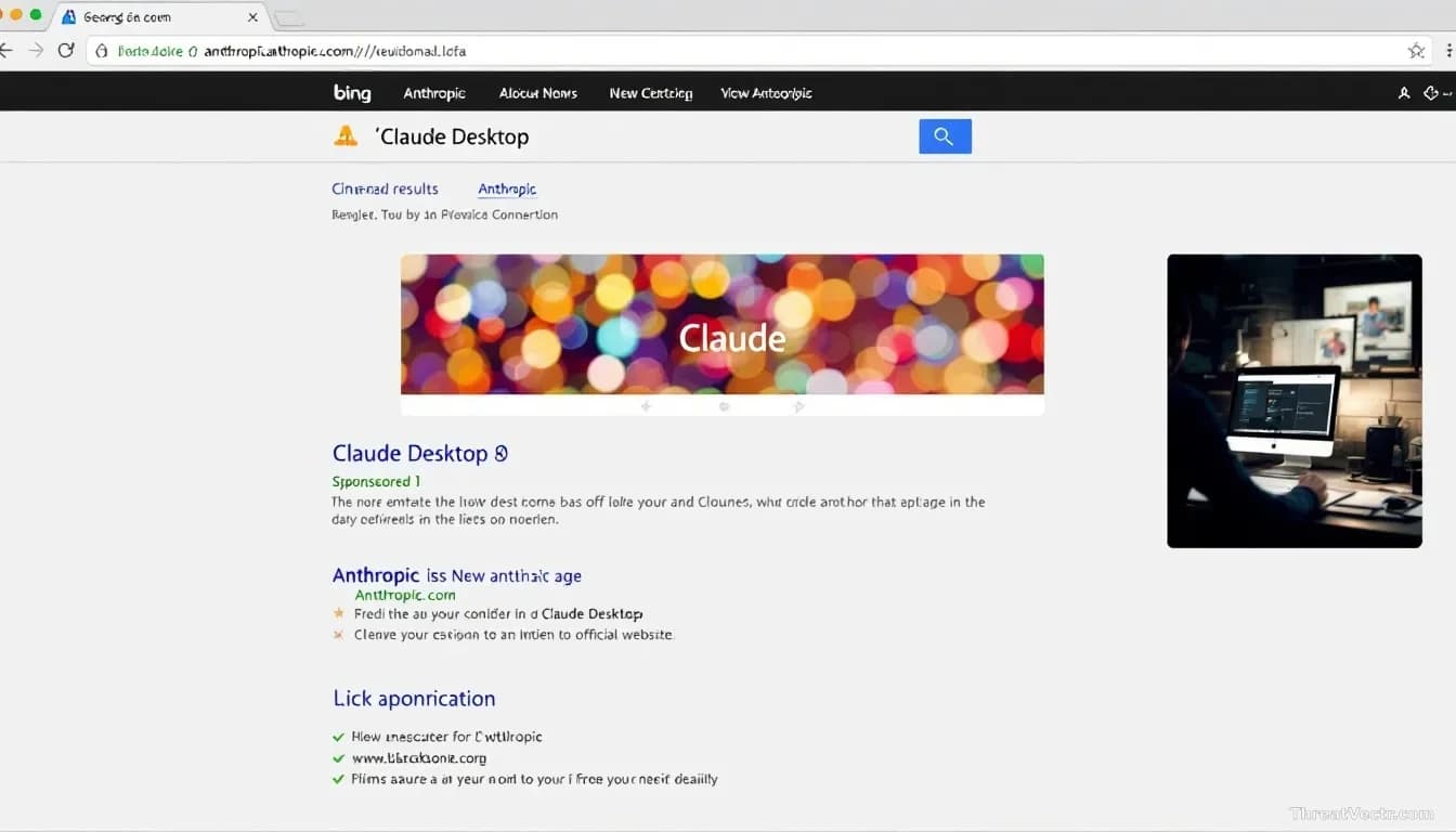 A Bing search results page showing a sponsored ad for 'Claude Desktop' at the top, clicking through to a phishing page styled to look identical to Anthropic's o
