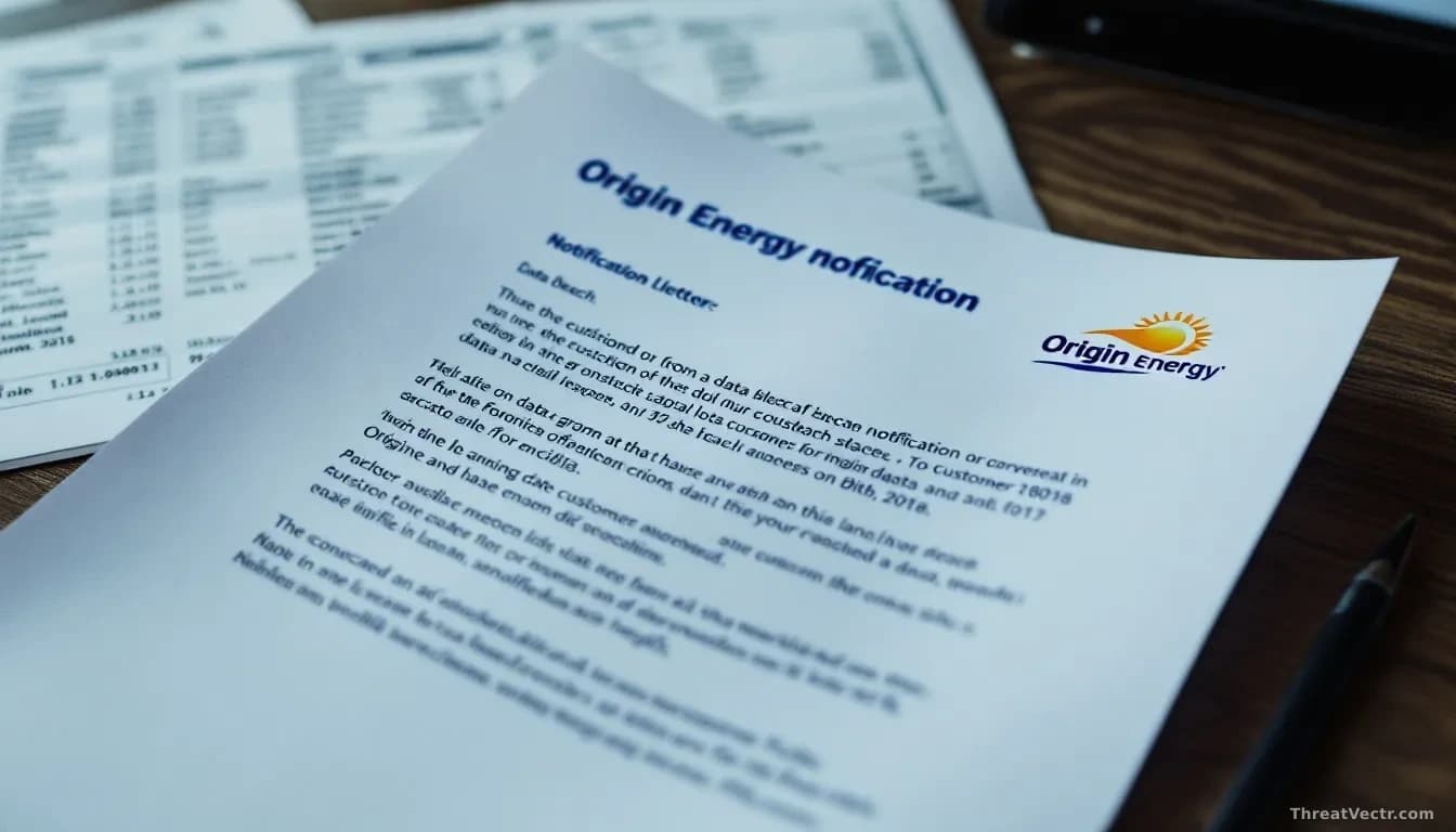 A notification letter from Origin Energy regarding a data breach, spread open on a desk next to printed customer records showing names, addresses, birth dates a
