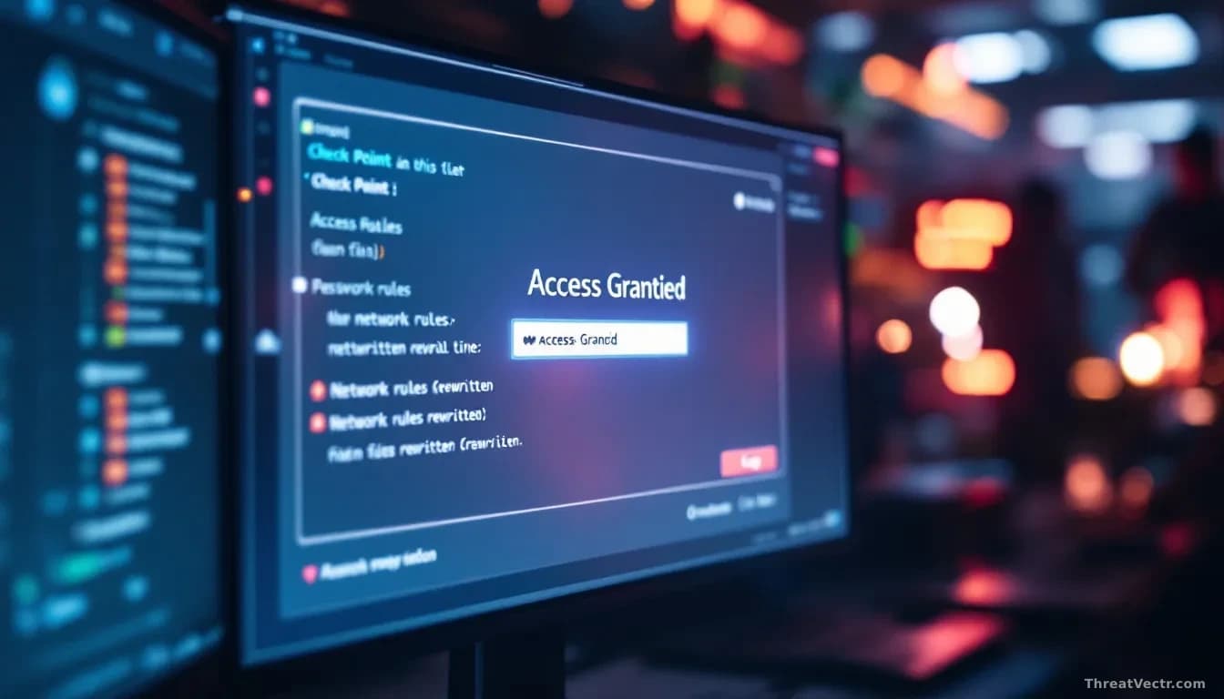 A Check Point admin console login screen with the password field removed, displaying 'Access Granted' and network rules being rewritten in real-time on the back