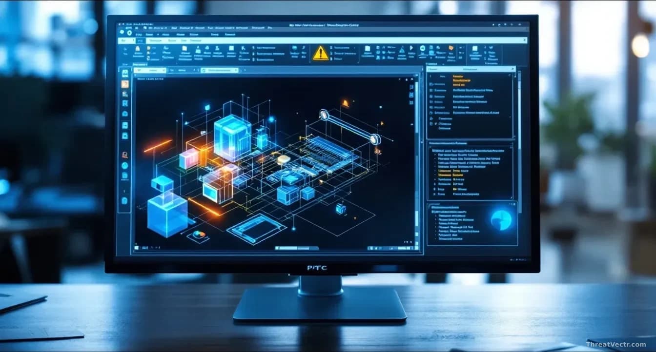 A PTC Windchill product design interface on a monitor with a warning banner overlaid, surrounded by regulatory documents from US and German agencies with three-