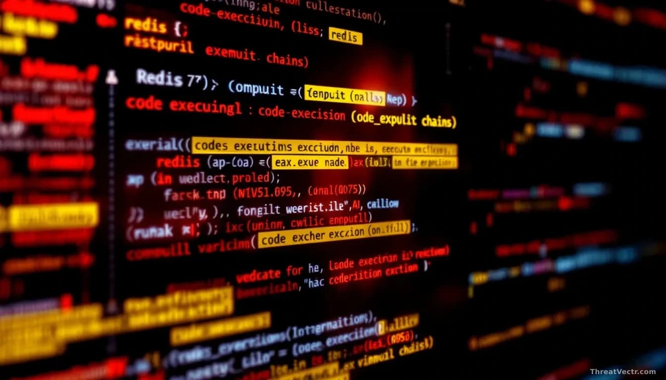 A Redis command-line interface displaying error messages and exploit chains, with an AI agent's diagnostic report overlaid showing the discovered code-execution