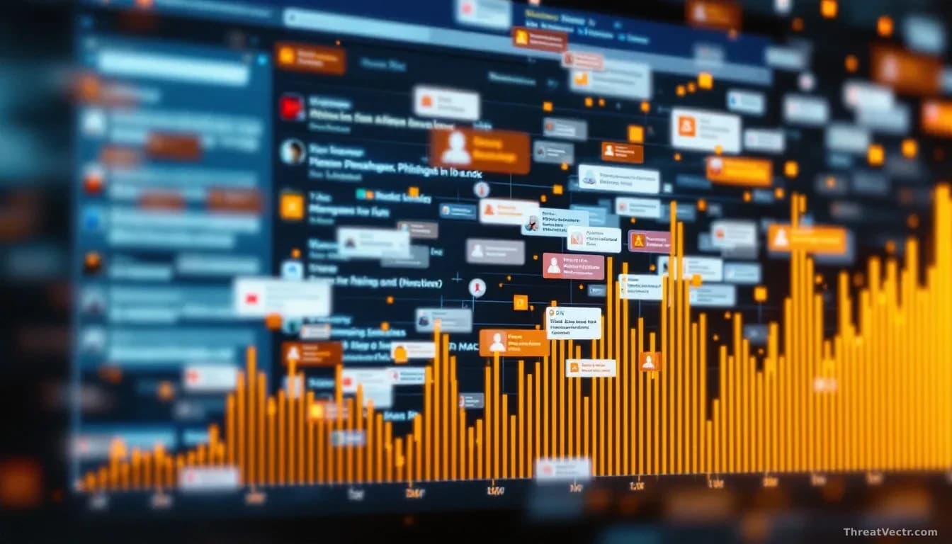 A Microsoft Teams chat window with hundreds of unread phishing messages flooding across the screen simultaneously, while a timeline graph beside it shows a shar