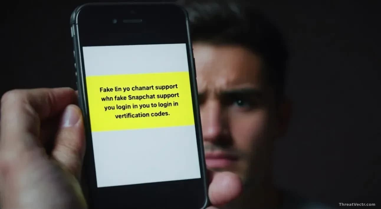 A smartphone screen displaying a fake Snapchat support message asking for login verification codes, with the victim's confused face partially visible in the pho