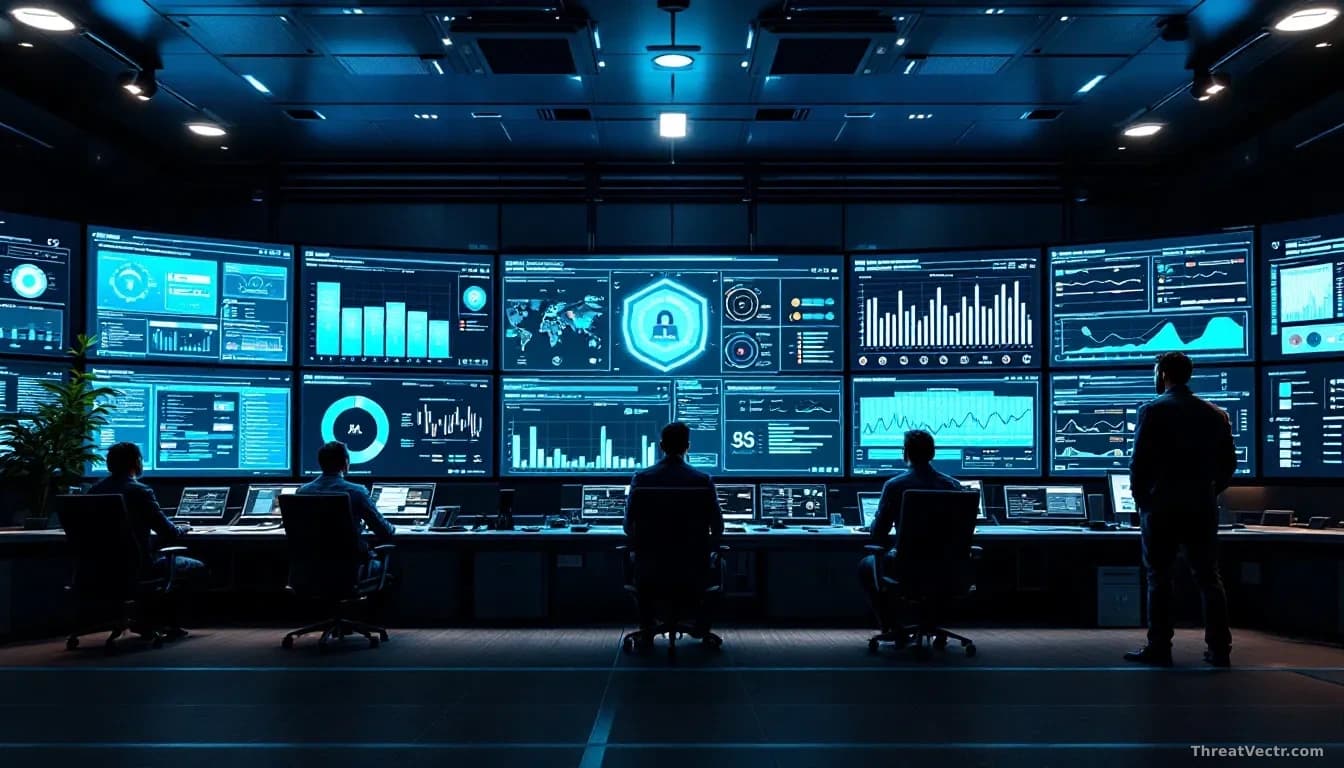 Enterprise security operations center with AI monitoring dashboards displayed across multiple large screens, access control policies and behavioral guardrails v